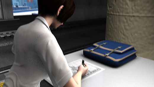 クレープ屋の会員登録用紙を書いている激ミニちゃん。机の脚の部分がピカピカの鏡なせいで、スカート内が前から丸見えだった件。（PV:水色しましまパンティ編）2